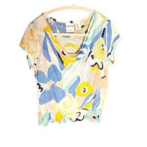 Rachel Zoe Floral Linen T-Shirt S Womens Short Sleeve Multicolor Lagen Cowl neck